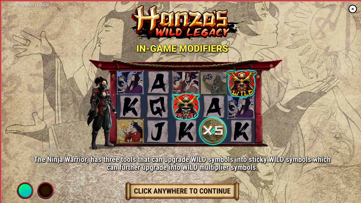 Prajurit ninja wanita dalam slot Hanzo’s Wild Legacy dengan latar belakang malam Jepang feodal.