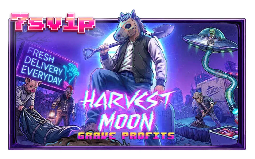 Tampilan visual slot Harvest Moon Grave Profits dengan elemen horor sci-fi